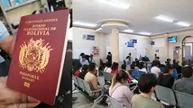 Personas aguardan su turno para ser atendidas en Migraci&oacute;n de Cochabamba (d); y, un pasaporte boliviano (i). VIOLETA SORIA