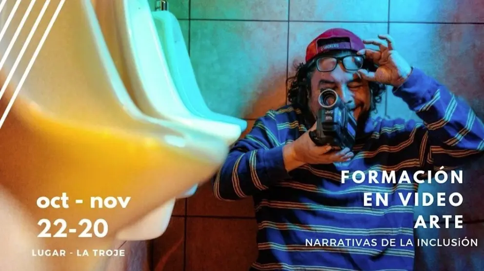 Afiche del taller Formaci&oacute;n en videoarte en la que aparece el cineasta Juan Cristobal R&iacute;os. 	Ayllu Visual