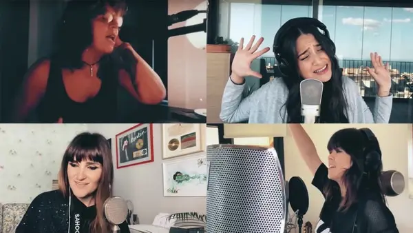 Algunos de los artistas espa&ntilde;oles durante la grabaci&oacute;n de &ldquo;Resistir&eacute;&rdquo;.  FUENTE: Cadena 100.