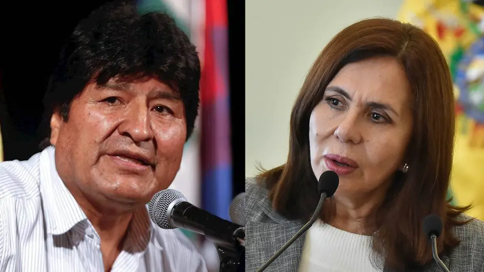 Evo Morales, expresidente de Bolivia y Karen Longaric, canciller del Estado. Fotos: EFE y APG