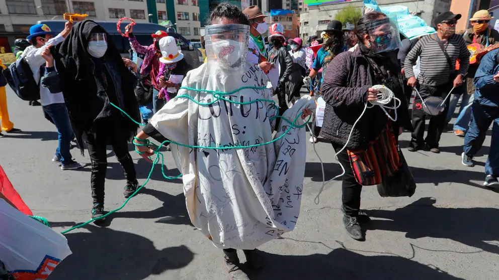 M&uacute;sicos, gestores culturales y distintos artistas participan en una protesta con sus instrumentos, m&aacute;scaras y carteles para pedir al Gobierno boliviano transitorio que se restituya el Ministerio de Culturas este lunes, en La Paz (Bolivia). Este ministerio pas&oacute; a ser la semana pasada un viceministerio dependiente de la cartera de Educaci&oacute;n. EFE