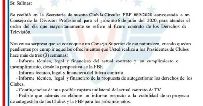 Parte del comunicado enviado por Wilstermann y utilizado tambi&eacute;n por los otros cinco clubes. Facebook