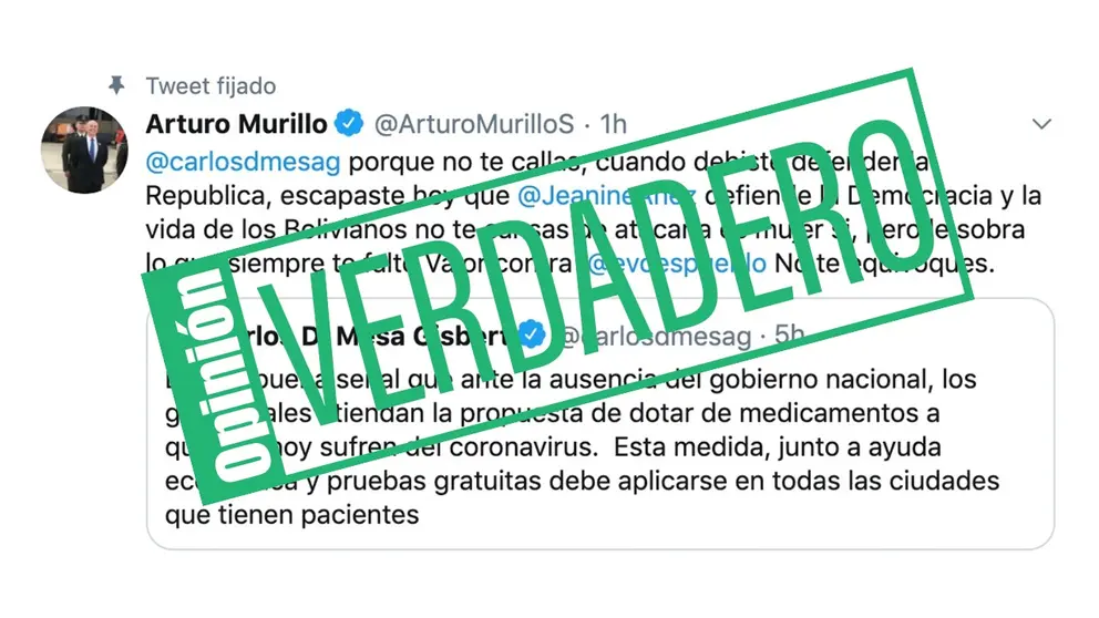 Captura del tuit de la cuenta del ministro de Gobierno, Arturo Murillo.