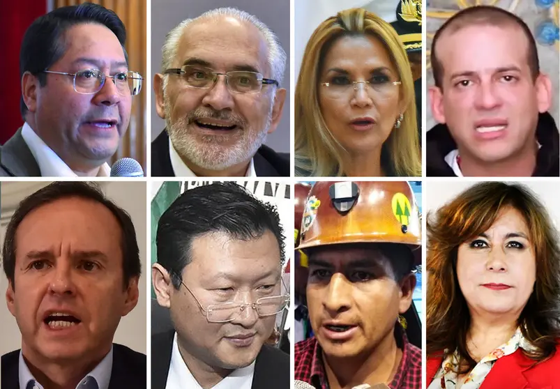 Los candidatos a la Presidencia Luis Arce, Carlos Mesa, Jeanine &Aacute;&ntilde;ez, Luis F. Camacho, Jorge Quiroga, Chi Hyun Chung, Feliciano Mamani y Mar&iacute;a de la Cruz Bay&aacute;. APG