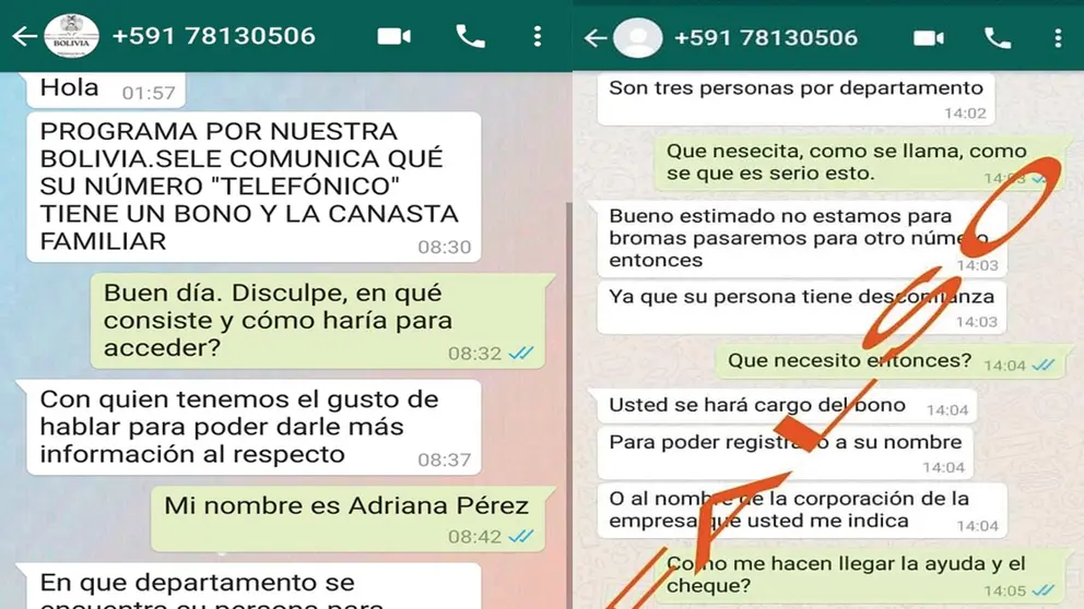 Capturas de pantalla de los mensajes que envían los estafadores por WhatsApp.     Cortesía:FELCC La Paz