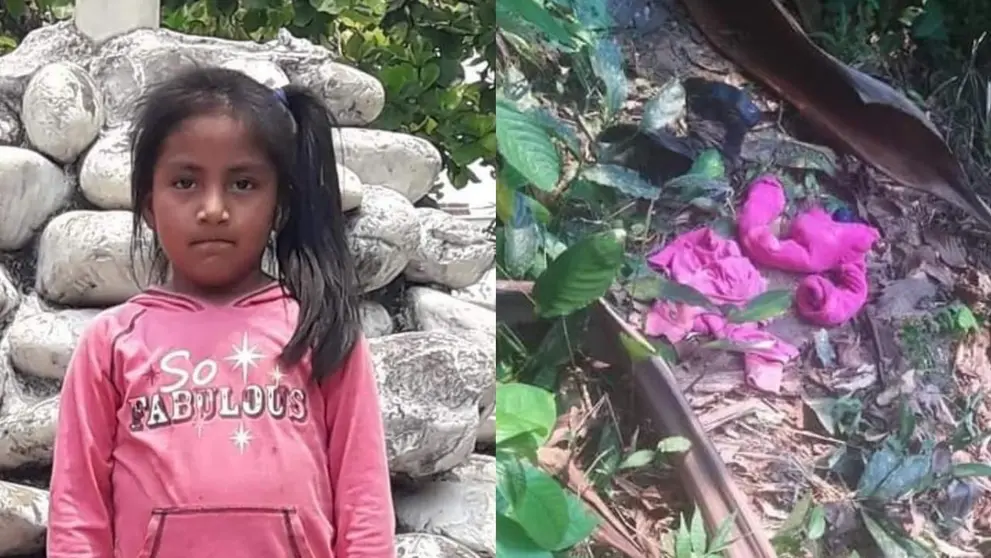 Una foto de la ni&ntilde;a Abigail (i) y el lugar donde encontraron su ropa, a unos metros de su cuerpo, en Senda III. JHONNY RAPPU