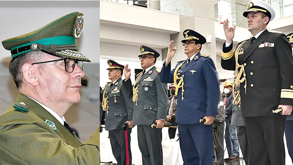 El comandante general de la Policía, coronel Jhonny Aguilera (i). La posesión del alto mando militar (d). APG