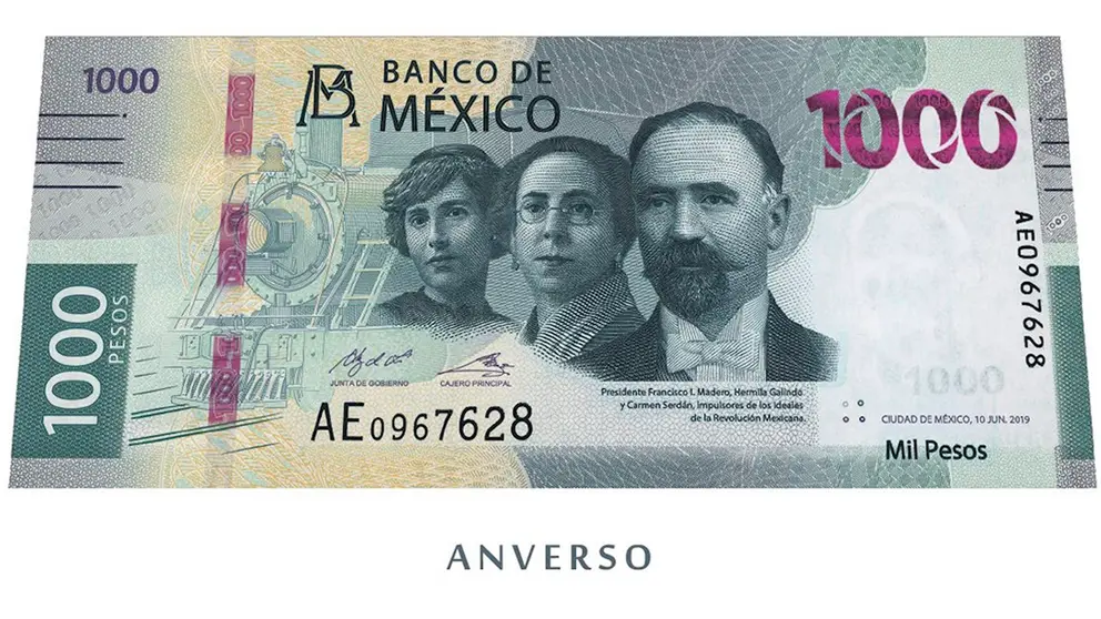 Imagen cedida en la que se ve el diseño del nuevo billete de 1.000 pesos (unos 49 dólares), que el Banco de México (Banxico) presentó este jueves con motivos que aluden a la Revolución Mexicana. EFE