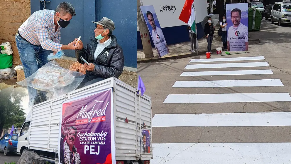 Fotografía compuesta de Jhonny Antezana y militantes del Partido Demócrata Cristiano en campaña y el camión Ivermovil de la alianza Súmate. Foto Noé Portugal