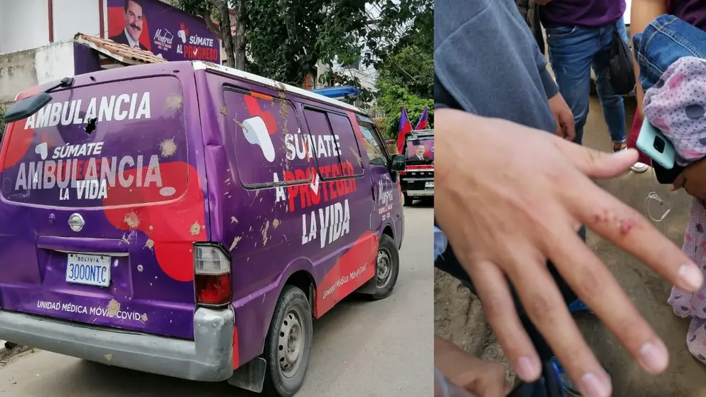 Ambulancia que formaba parte de la caravana de S&uacute;mate que sufri&oacute; agresiones en la zona sur de Cochabamba.