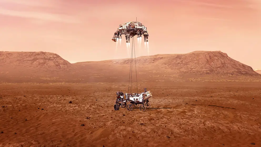 Fotograf&iacute;a cedida por la NASA que muestra una ilustraci&oacute;n del rover Perseverance mientras aterriza de forma segura sobre la superficie de Marte. EFE
