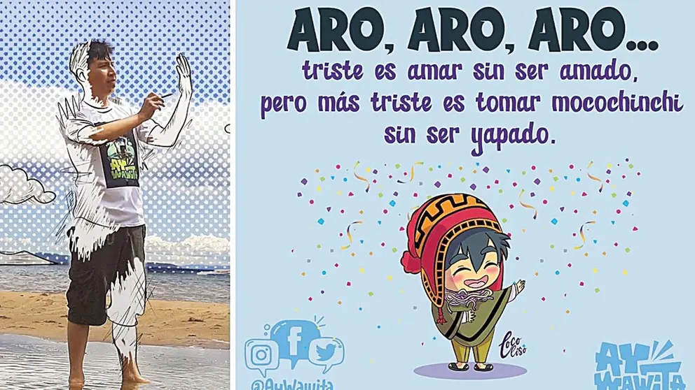 El ilustrador Jorge Luis, autor del proyecto &lsquo;Ay Wawita&rsquo; (izquierda) y uno de sus artes.   RAMONA