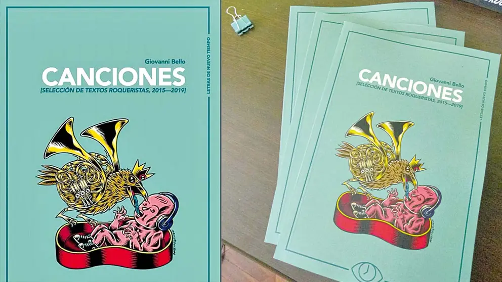 La portada del libro  &ldquo;Canciones (selección de textos roqueristas 2015-2019)&rdquo; junto a algunas copias del libro.            FCBCB