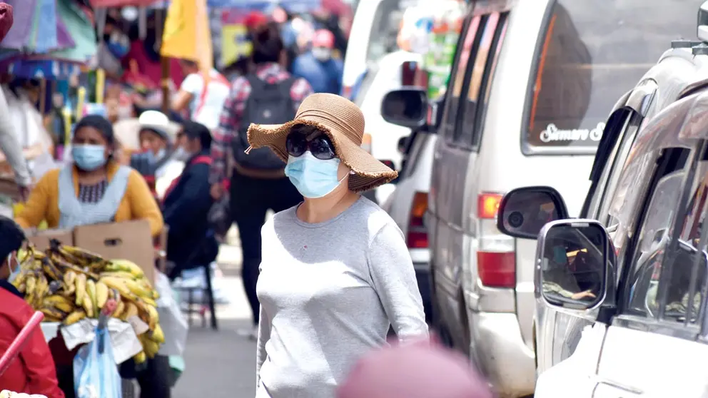 Un grupo de personas con barbijo circula por un mercado de Cochabamba. DICO SOLÍS