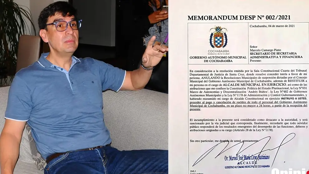 El alcalde electo suspendido, Jos&eacute; Mar&iacute;a Leyes (d), el memor&aacute;ndum emitido (i). No&eacute; Portugal
