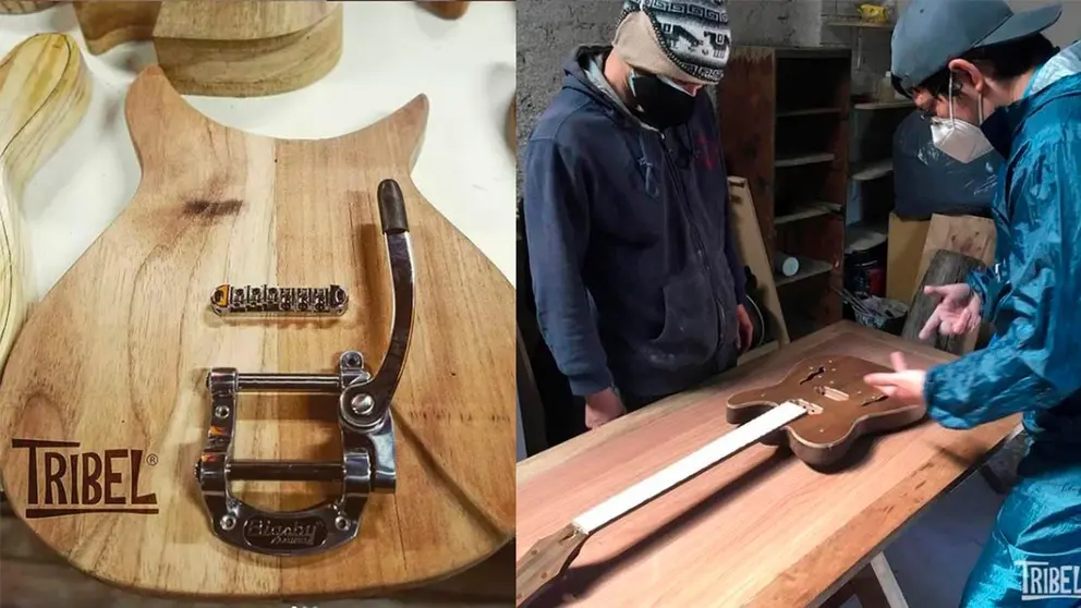 Parte central de una guitarra eléctrica con cuerpo de madera (i), Jersy Miranda, fundador de Tribel Luthiers trabaja en la refacción de una guitarra (d). Cortesía