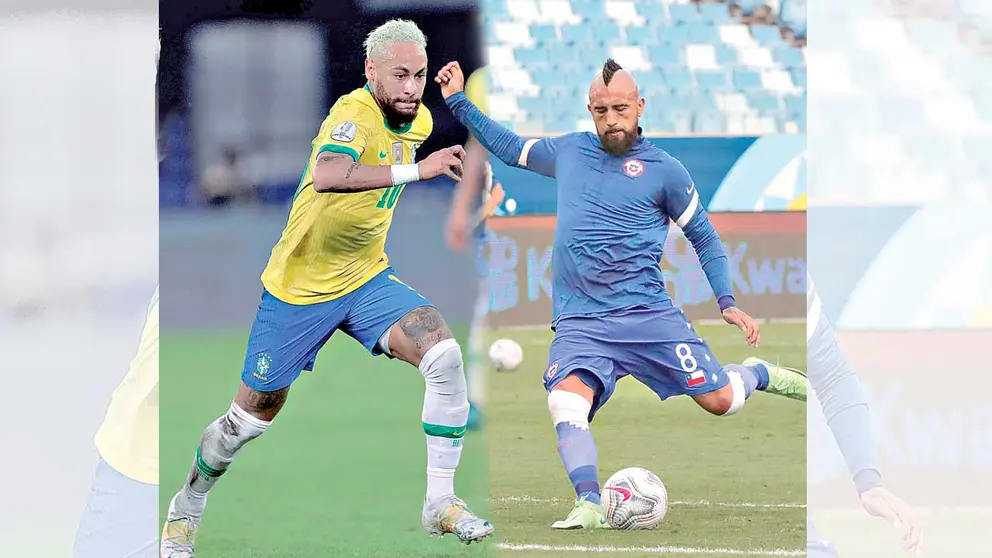 El astro brasileño Neymar (i) y el atacante de Chile Arturo Vidal (d), en los entrenamientos. ARCHIVO