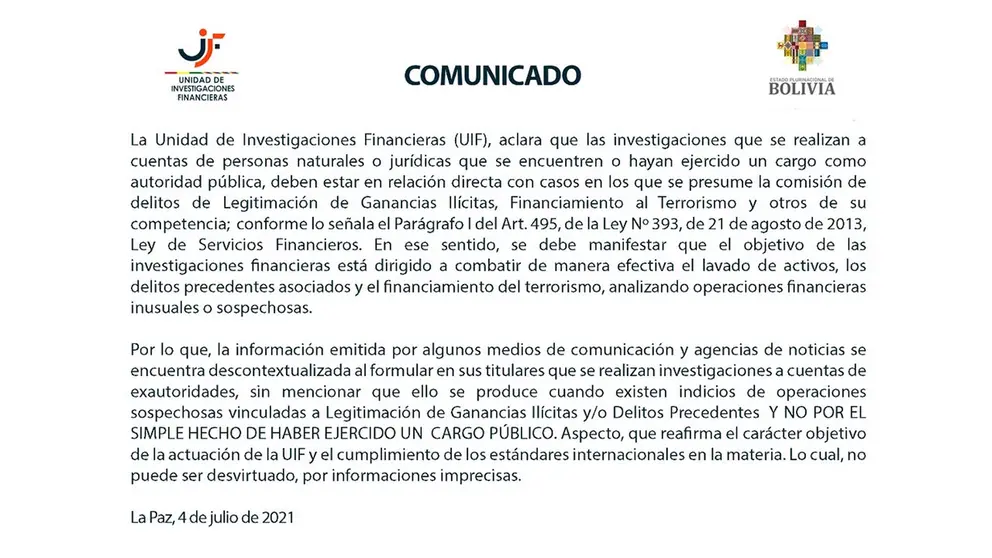 La UIF asegura que investigaciones a cuentas de exautoridades est&aacute;n en relaci&oacute;n directa con la presunta comisi&oacute;n de delitos. ABI