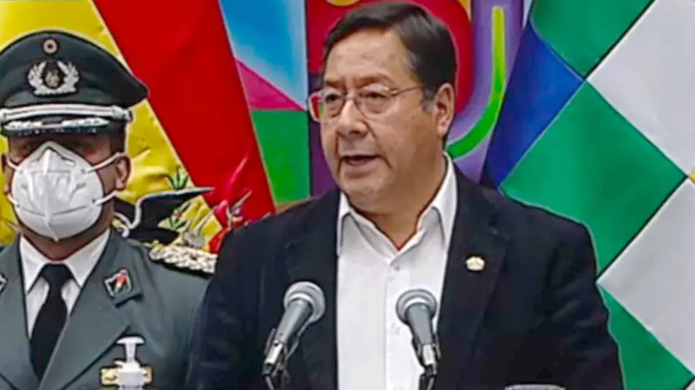 El presidente Luis Arce durante el acto en Casa Grande del Pueblo. CAPTURA Btv