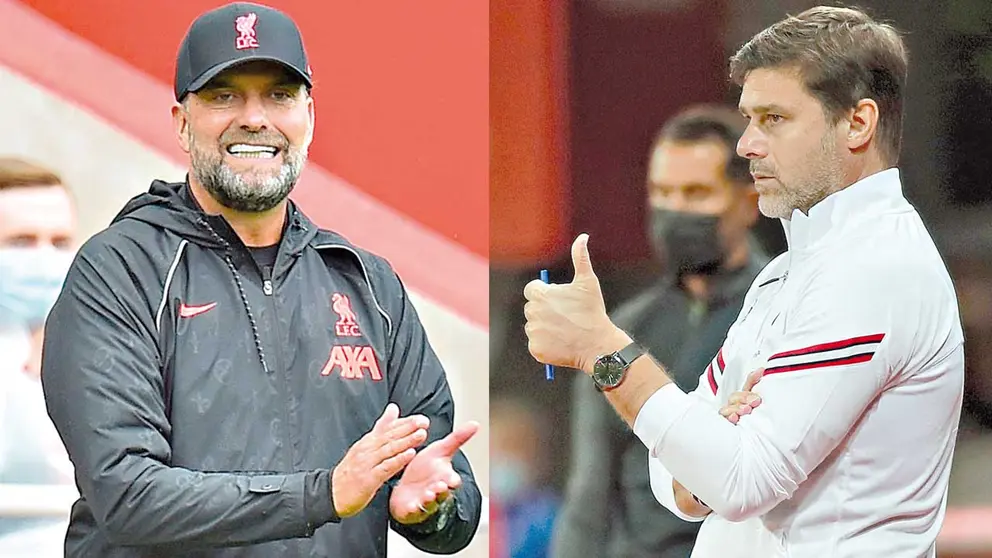 El técnico de Liverpool Jurgen Klopp (i) y el entrenador del PSG, Mauricio Pochettino. ARCHIVO