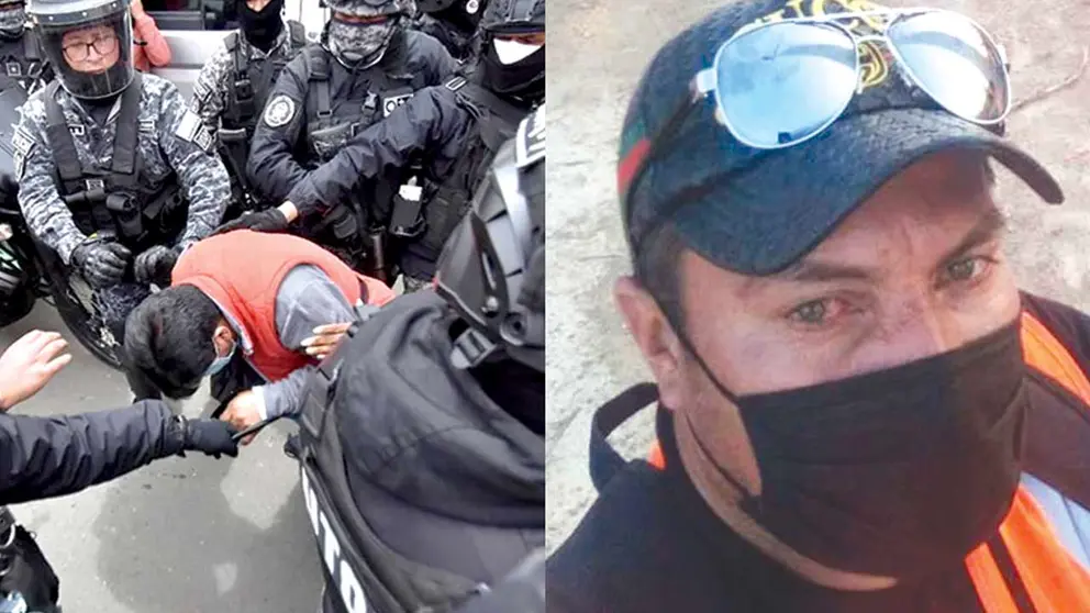 El periodista Carlos Quisbert, de Página Siete, rodeado por efectivos policiales (i).  Del otro, lado Gilberto Rodríguez, de En busca de la verdad. APG