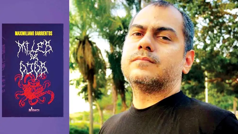 La portada de &ldquo;Miles de Ojos&rdquo; y el escritor Maximiliano Barrientos. EL CUERVO