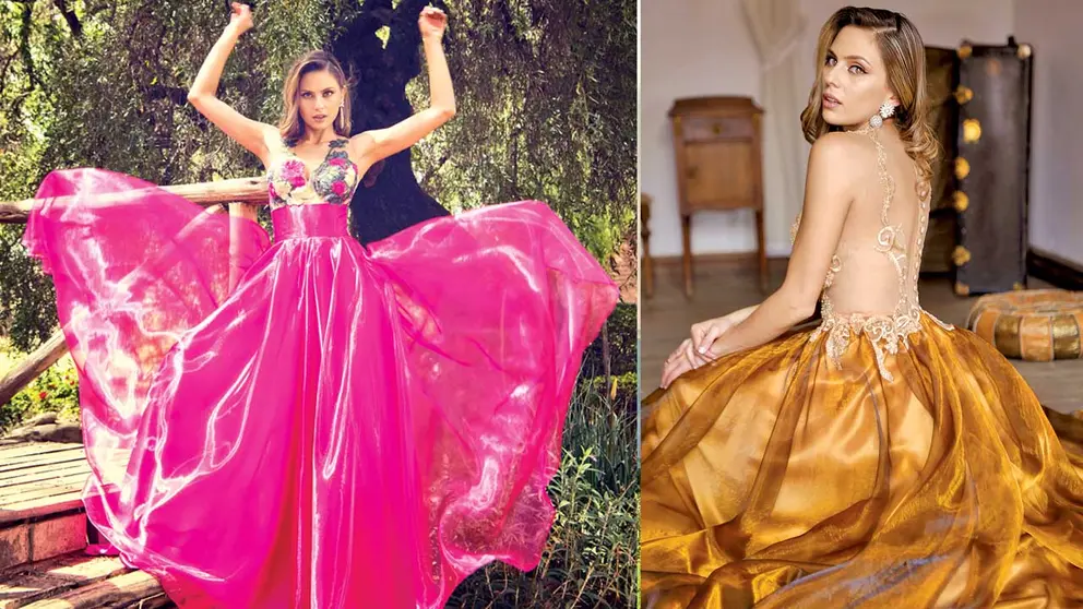 Vestido fucsia con falda estilo mariposa y cuerpo de tul   bordado con hilos de seda (i). Falda color coñac con delicada transparencia y cuerpo de tul con encaje bordado con swarovski y cristales de bohemia. (d).