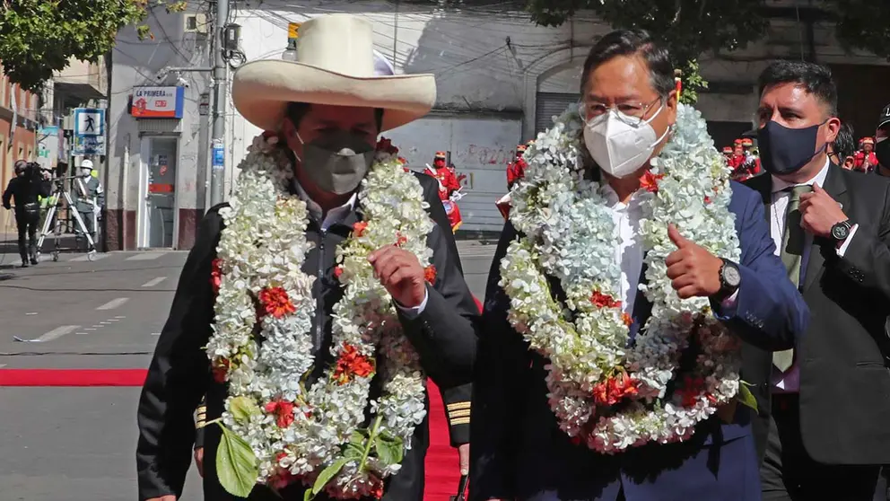 El presidente de Bolivia, Luis Arce (d), y su homologo de Per&uacute;, Pedro Castillo, conversan durante un evento hoy, en Plaza Murillo, La Paz (Bolivia). EFE