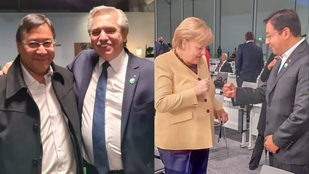 El presidente Luis Arce con su hom&oacute;logo argentino Alberto Fern&aacute;ndez. Del otro lado, con la canciller Angela Merkel. RRSS