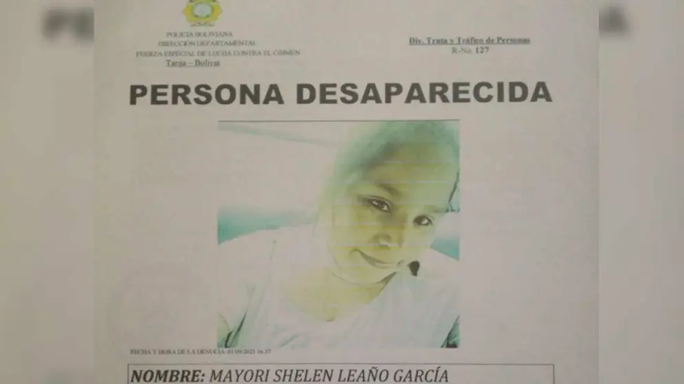 Afiche que socializó la Policía para la búsqueda de Mayori. LA VOZ DE TARIJA