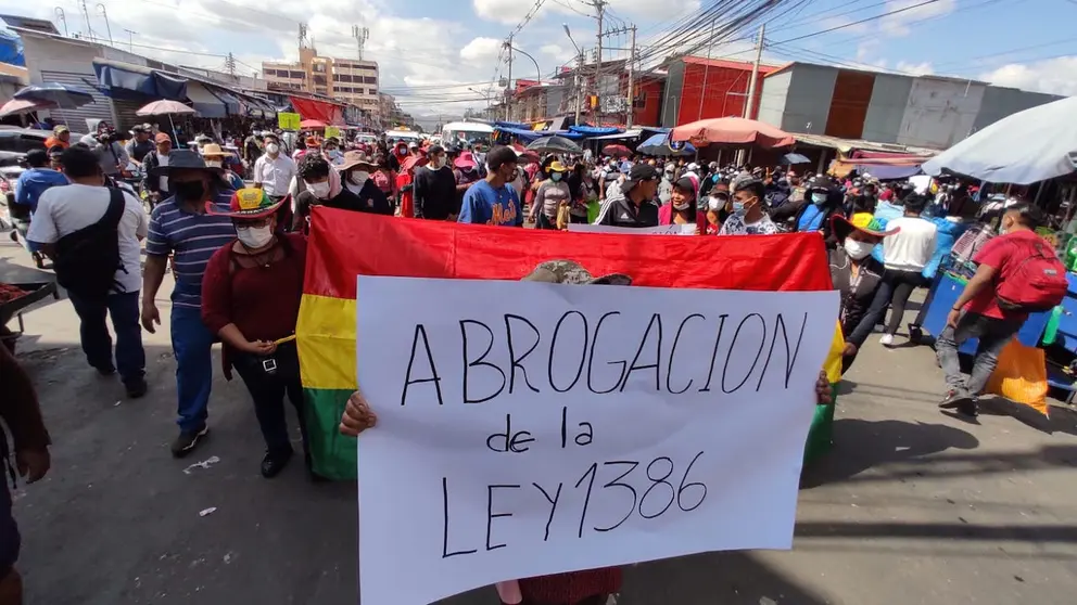 Marcha de comerciantes en Cochabamba contra la Ley 1386. Foto: NO&Eacute; PORTUGAL.