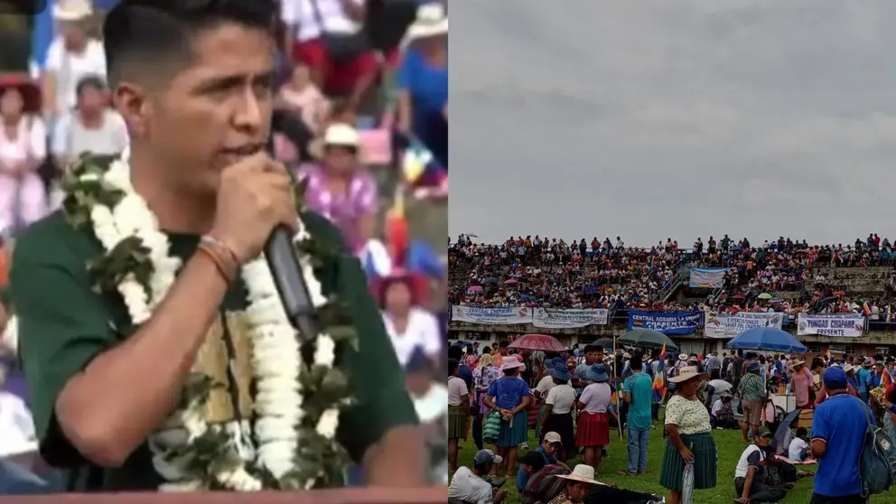 El presidente del Senado, ndr&oacute;nico Rodr&iacute;guez (i) y la concentraci&oacute;n en el estadio de Shinahota. RKC
