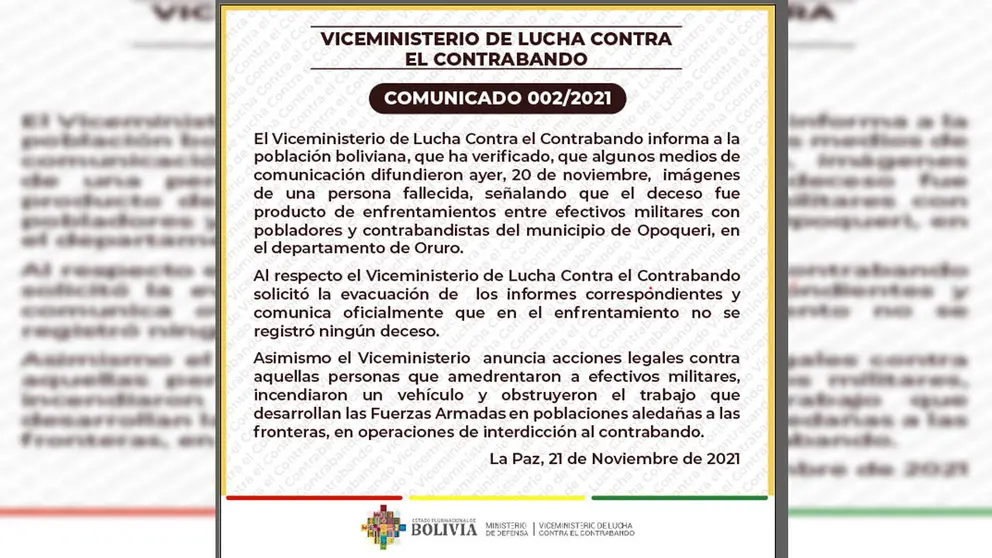 Viceministerio de Lucha Contra el Contrabando desmiente muerte de un civil en Opoqueri &ndash; Oruro