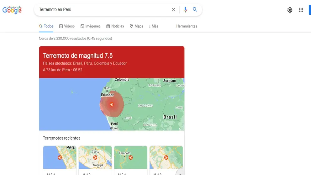 Un registro de Google del terremoto registrado en Per&uacute;. Captura de pantalla