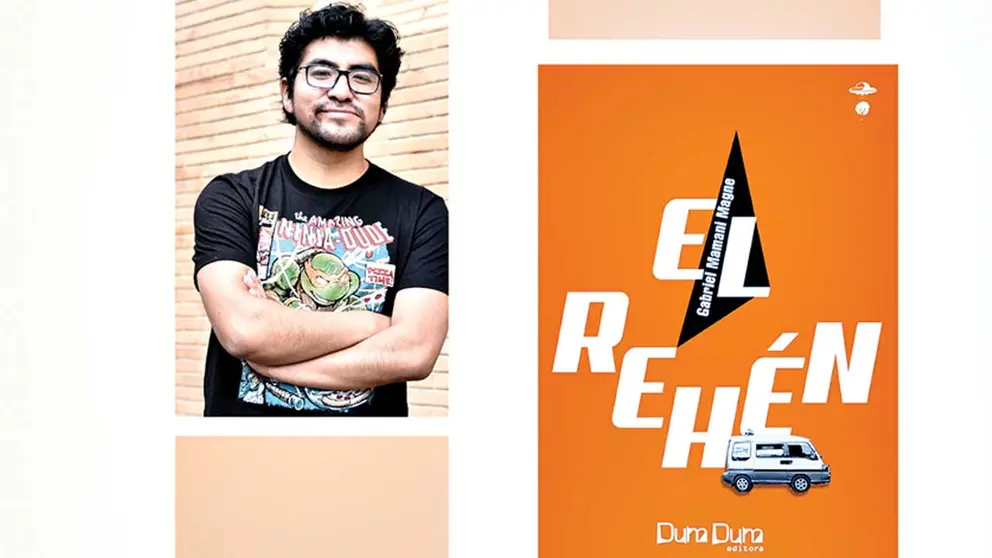 El escritor Gabriel Mamani Magne junto a la portada de su obra &lsquo;El rehén&rsquo;. DISEÑO PROPIO