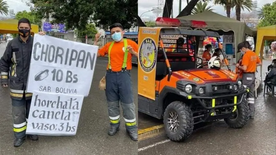 Bomberos voluntarios del SAR-Bolivia, vendiendo choripanes en el D&iacute;a del Peat&oacute;n.