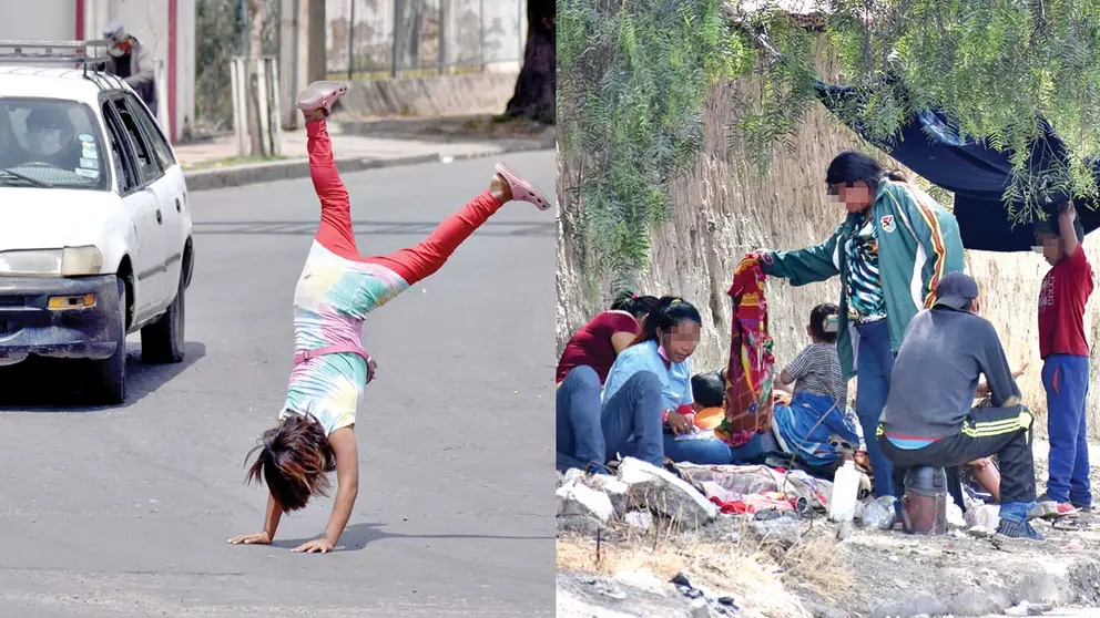 Una menor de edad hace piruetas en la calle. Padres ayoreos junto a los niños a los que obligan a trabajar en las calles. DICO SOLÍS
