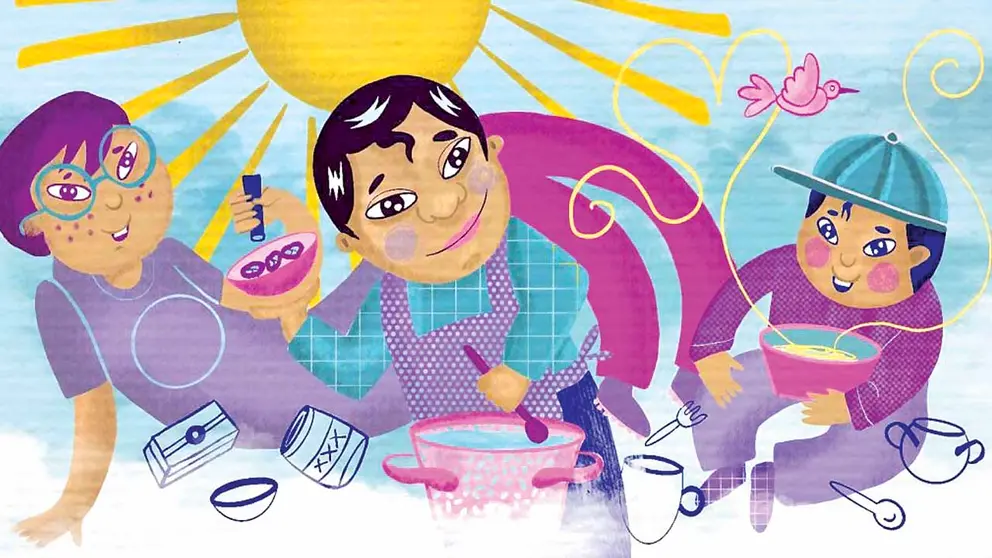 Ilustración de Alberto junto a sus dos hijos, Daniel y Mauricio. MERLINA ANUNNAKI.