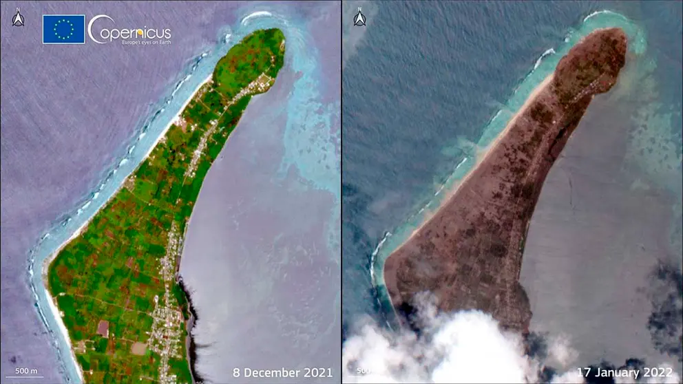 Im&aacute;genes de la isla, antes y despu&eacute;s del paso de las cenizas del volc&aacute;n. Captura Copernico