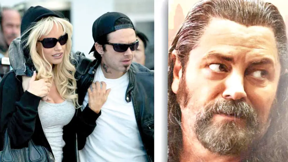 Pamela Anderson (Lily James) y Tommy Lee (Sebastian Stan) enfrentan a los paparazzis en la serie emitida por Star+. A la derecha el actor Nick Offerman en el papel del tío Miltie. ERIN SIMKIN