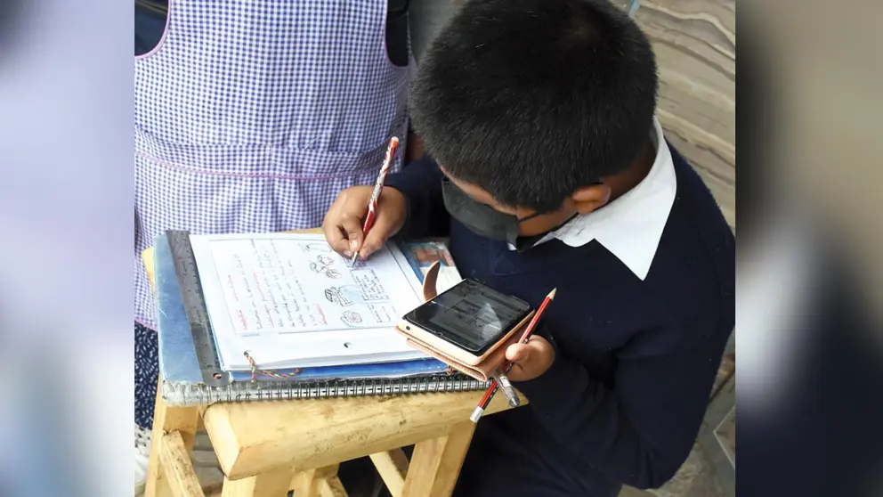 Un niño pasa clases virtuales mediante un celular. DICO SOLÍS