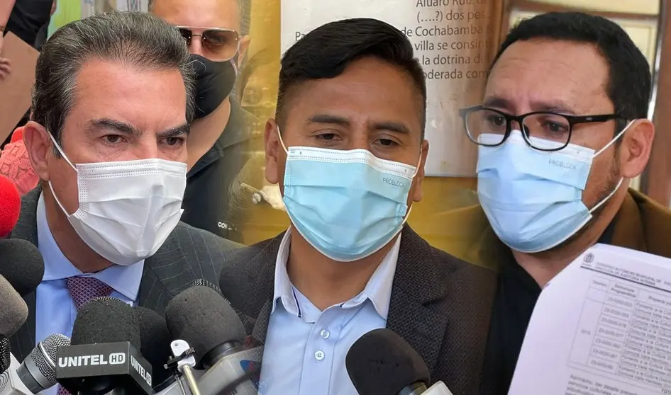 El alcalde Manfred Reyes Villa y los concejales Joel Flores (MAS) y Diego Murillo (S&uacute;mate). OPINI&Oacute;N