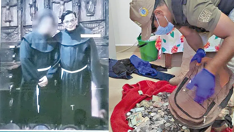 Marcos Flores, exaspirante a religioso, es el presunto asesino del fray Daza (i). Polic&iacute;a encuentra monedas y 
billetes robados de la iglesia en Santa Cruz (d).       POLIC&Iacute;A