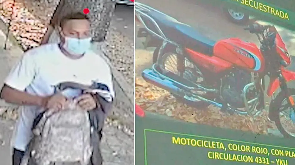 Cámara de vigilancia capta a hombre implicado en tentativa de asesinato (i). La motocicleta que usaron los autores para cometer el hecho sangriento (d). UNITEL-POLICÍA