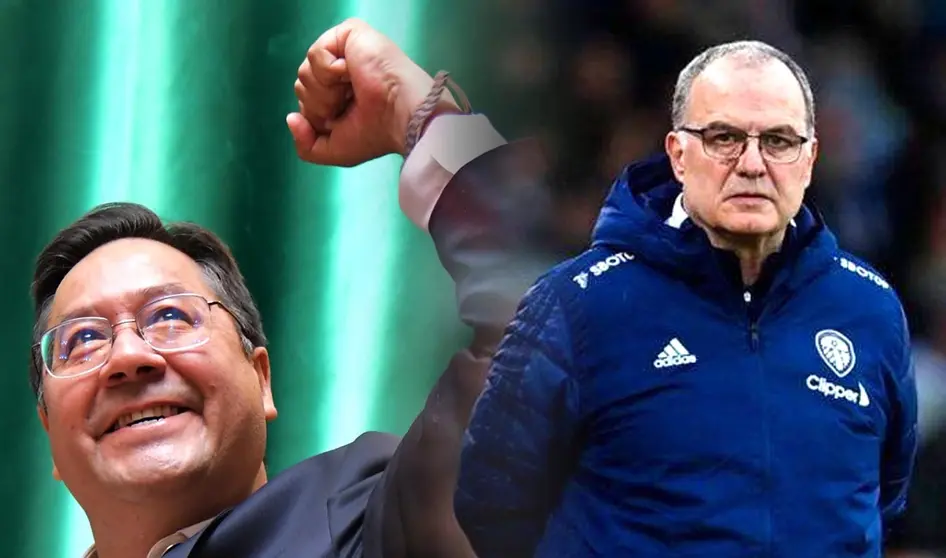 El presidente del Estado, Luis Arce (i), y el entrenador argentino Marcelo Bielsa. OPINI&Oacute;N