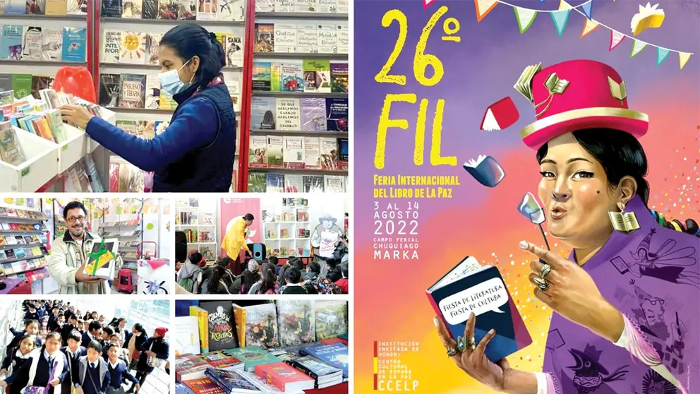 Afiche promocional de la 26 FIL e imágenes de la pasada edición con la presencia de distintas editoriales, autores y visitantes.       FIL