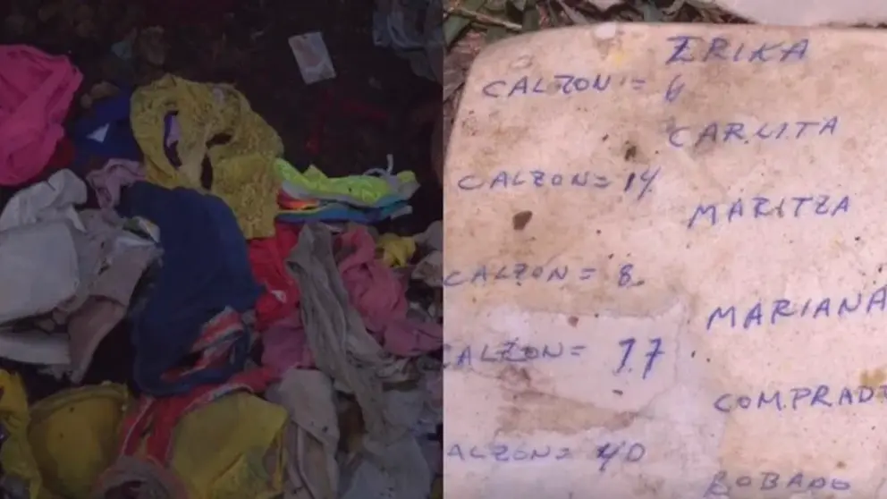 La prendas &iacute;ntimas halladas en el lote bald&iacute;o (i). Lista con nombres de las v&iacute;ctimas (d). CAPTURA RED UNO