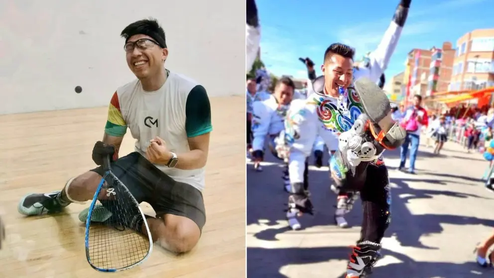 Conrrado Moscoso, emocionado, tras sellar la victoria mundial (I). Del lado derecho, el raquetbolista mostrando su lado caporal.