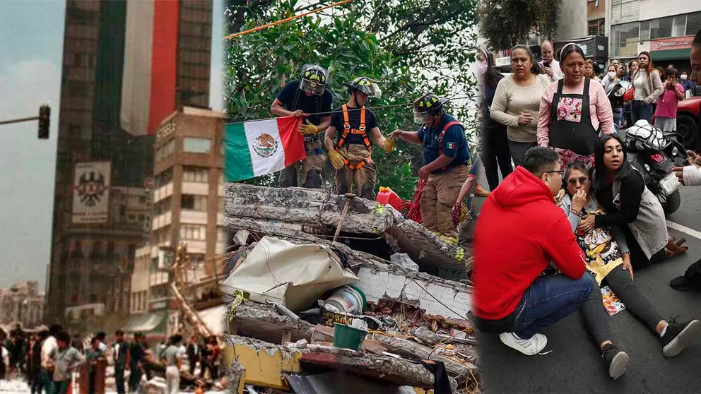 Composici&oacute;n de fotograf&iacute;as de los sismos el 19 de septiembre de 1985 (i) 2017 (m) y 2022 (d). AGENCIAS