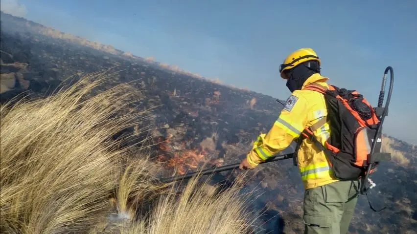 Personal del Sernap sofoca el incendio en Zapanani, en Sacaba. SERNAP